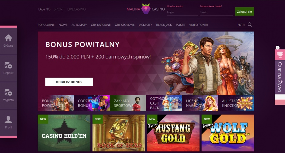 Tak wygląda strona internetowa Malina Casino prowadzona po polsku